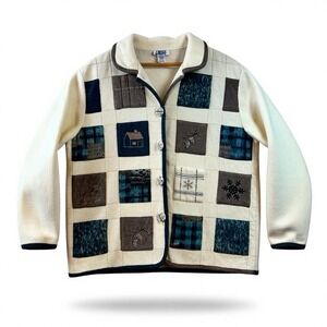 Teddi‎ Vintage Women Fleece Patchwork Winter Cardigan Jacket Large 74041